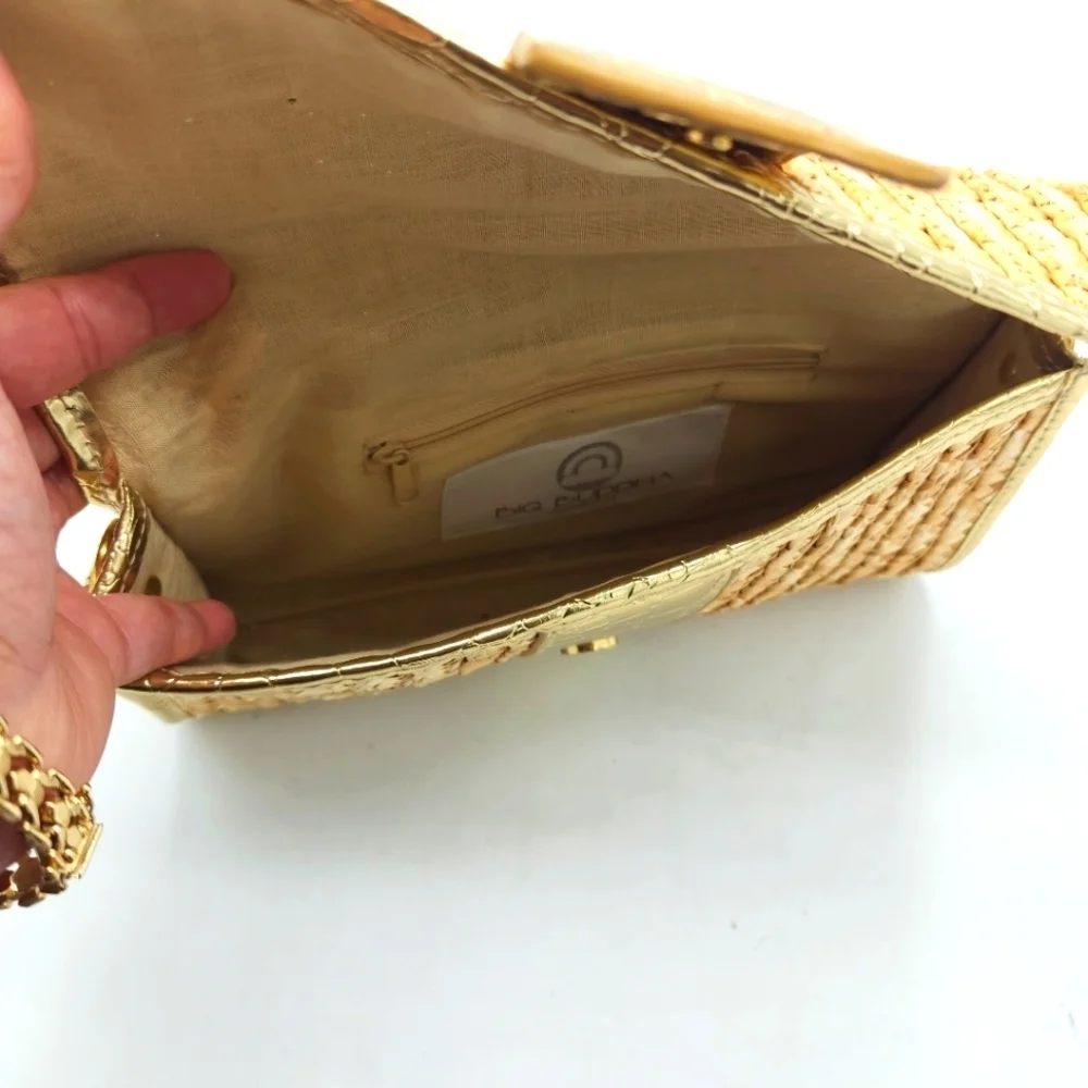 Big Buddha Straw Faux Leather Gold Crocs Trim Accents Fold Over Clutch